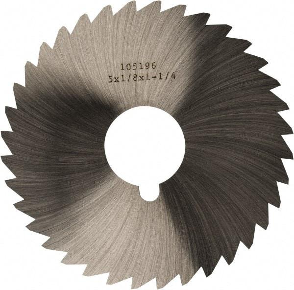 Made in USA - 5" Diam x 1/8" Blade Thickness x 1-1/4" Arbor Hole Diam, 40 Tooth Slitting and Slotting Saw - Arbor Connection, Right Hand, Uncoated, High Speed Steel, Concave Ground, Contains Keyway - Benchmark Tooling