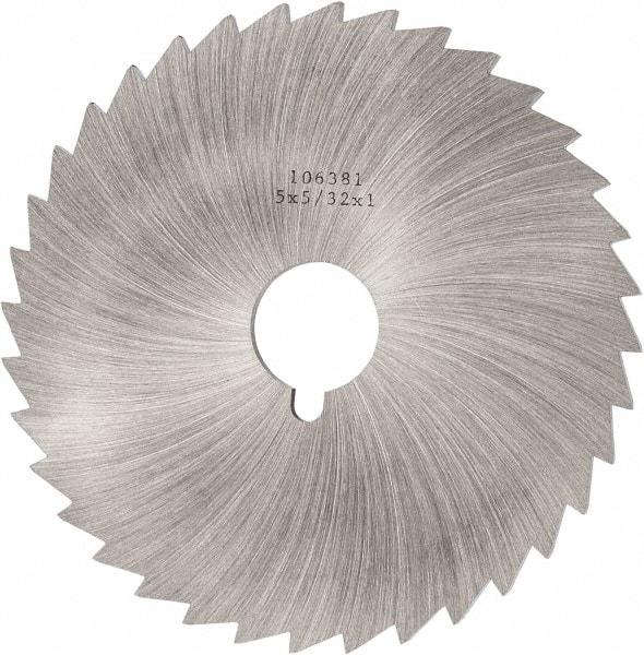 Made in USA - 5" Diam x 5/32" Blade Thickness x 1" Arbor Hole Diam, 36 Tooth Slitting and Slotting Saw - Arbor Connection, Right Hand, Uncoated, High Speed Steel, Concave Ground, Contains Keyway - Benchmark Tooling