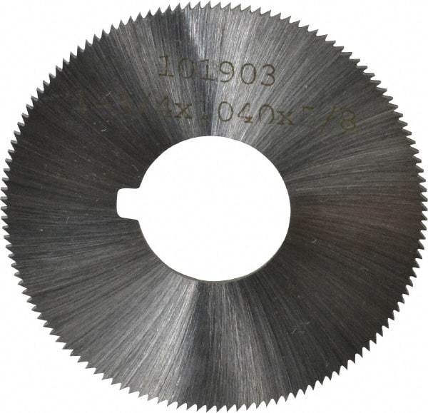 Made in USA - 1-3/4" Diam x 0.04" Blade Thickness x 5/8" Arbor Hole Diam, 132 Tooth Slitting and Slotting Saw - Arbor Connection, Right Hand, Uncoated, High Speed Steel, Concave Ground, Contains Keyway - Benchmark Tooling