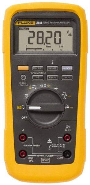 Fluke - 28-II, CAT IV, CAT III, 1,000 VAC/VDC, Digital True RMS Auto Ranging Manual Ranging Multimeter - 50 mOhm, Measures Voltage, Capacitance, Current, Frequency, Resistance, Temperature - Benchmark Tooling