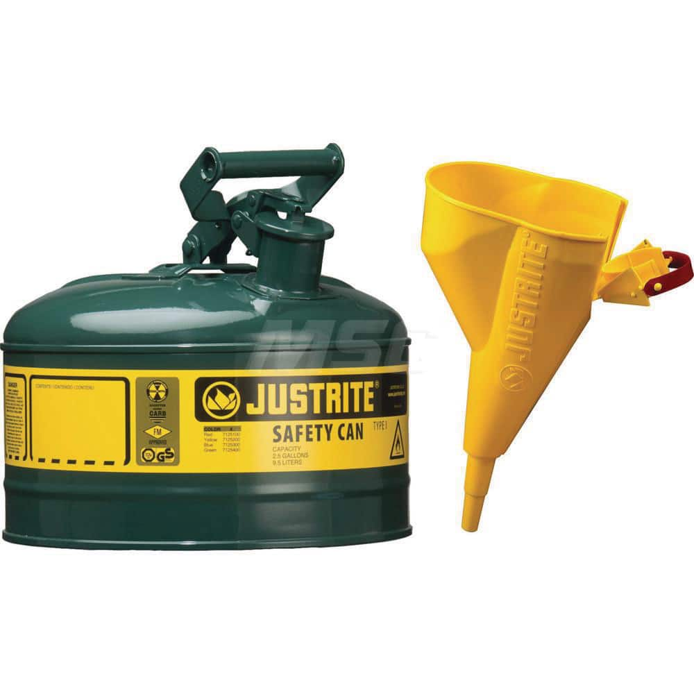 Justrite - Safety Dispensing Cans; Capacity: 1 Gal. ; Material: Steel ; Color: Green ; Height (Decimal Inch): 11.000000 ; Diameter/Length (mm): 9.50 ; Approval Listing/Regulations: FM Approved; UL; ULC; TUV - Exact Industrial Supply