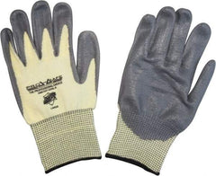PRO-SAFE - Size L (9), ANSI Cut Lvl 4, Puncture Lvl 2, Abrasion Lvl 3, Polyurethane Coated ATA Cut & Puncture Resistant Gloves - 9.6" Long, Palm & Fingertips Coated, ATA Lining, Knit Wrist, Yellow/Gray, Paired - Benchmark Tooling