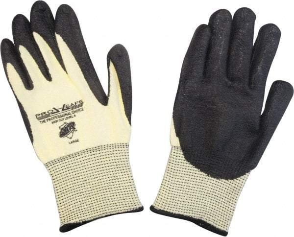 PRO-SAFE - Size L (9), ANSI Cut Lvl 4, Puncture Lvl 2, Abrasion Lvl 4, Nitrile Coated ATA Cut & Puncture Resistant Gloves - 9.6" Long, Palm & Fingertips Coated, ATA Lining, Knit Wrist, Yellow/Black, Paired - Benchmark Tooling