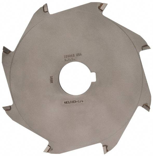 Made in USA - 6" Diam x 1/8" Blade Thickness x 1-1/4" Arbor Hole Diam, 8 Tooth Slitting and Slotting Saw - Arbor Connection, Right Hand, Uncoated, Carbide-Tipped, Contains Keyway - Benchmark Tooling