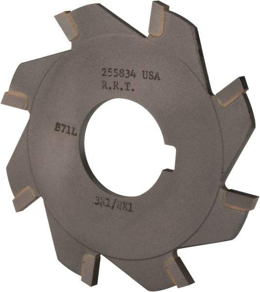 Made in USA - 3" Diam x 1/8" Blade Thickness x 1" Arbor Hole Diam, 8 Tooth Slitting and Slotting Saw - Arbor Connection, Right Hand, Uncoated, Carbide-Tipped, Contains Keyway - Benchmark Tooling