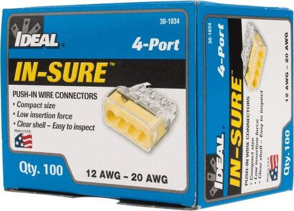 Ideal - 4 Port, 18 to 12 AWG Compatible, Push-In Wire Connector - 0.78" OAL x 0.82" OAW x 0.38" OAH, Yellow - Benchmark Tooling