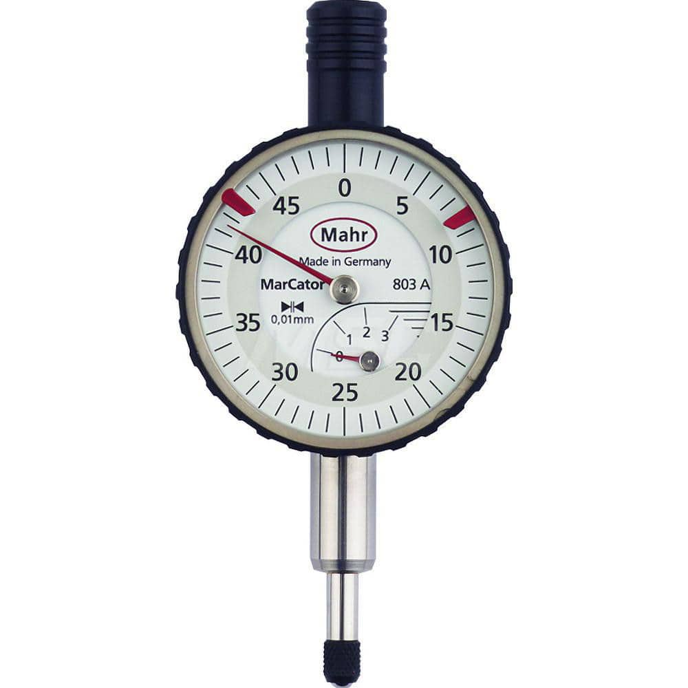 Mahr - Dial Drop Indicators; Maximum Measurement (Inch): 0.12 ; Maximum Measurement (mm): 3.00 ; Dial Graduation (mm): 0.0100 ; Dial Graduation (Decimal Inch): 0.000400 ; Dial Reading: 0-50 ; Dial Diameter (mm): 34.00 - Exact Industrial Supply