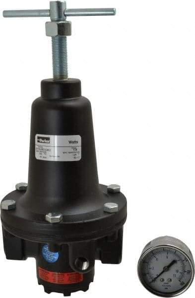 Parker - 3/4 NPT Port, 400 CFM, Zinc Heavy-Duty T-Handle Regulator - 2 to 125 psi Range, 300 Max psi Supply Pressure, 1/4" Gauge Port Thread, 4.38" Wide x 10" High - Benchmark Tooling