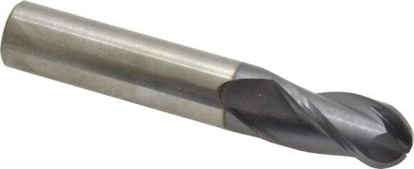 SGS - 1/2" Diam, 1" LOC, 3 Flute Solid Carbide Ball End Mill - AlTiN Finish, Single End, 3" OAL, 1/2" Shank Diam, Spiral Flute - Benchmark Tooling