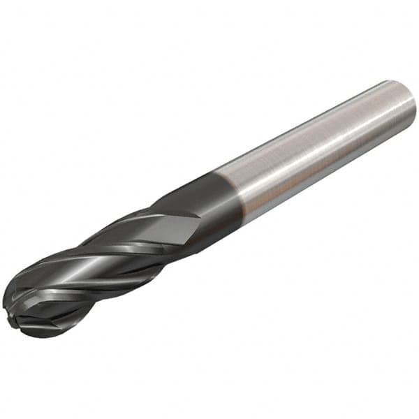 Iscar - 6mm Diam, 16mm LOC, 4 Flute Solid Carbide Ball End Mill - TiAlN Finish, Single End, 100mm OAL, 6mm Shank Diam, Spiral Flute - Benchmark Tooling