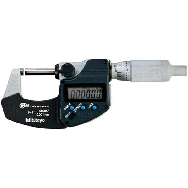 Mitutoyo - 0 to 1" Range, 0.00005" Resolution, Standard Throat IP65 Electronic Outside Micrometer - 0.00005" Accuracy, Ratchet Stop Thimble, Carbide-Tipped Face, SR44 Battery - Benchmark Tooling