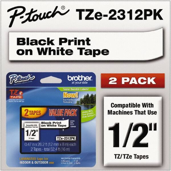 Brother - 1/2" Wide x 314.4" Long, White Plastic/Paper Tape Cassette - For Label Maker - Benchmark Tooling