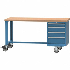 Workbench Top Mobile Work Center: 30″ OAD, 4 Drawer Steel Body, Butcher Block Top, Bright Blue