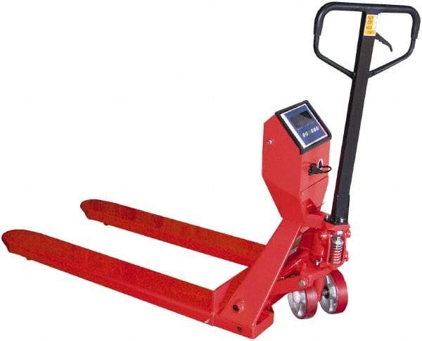 Vestil - 5,000 Lb Capacity, 7-1/2" Lift Scale Pallet Truck - 3" Min Lift Height, 48" Fork Length x 27-1/2" Fork Width, 28" Overall Width - Benchmark Tooling