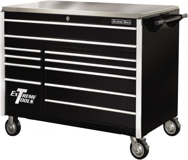 EXTREME TOOLS - 11 Drawer Steel Tool Roller Cabinet - 55" Wide x 46-3/8" High x 30" Deep, Ball Bearing Drawer Slides, Black - Benchmark Tooling