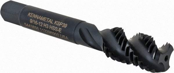 Kennametal - 9/16-12 3 Flute Bottoming Spiral Flute Tap - Vanadium High Speed Steel, Oxide Finish, 3-19/32" OAL, Right Hand Flute, Right Hand Thread, H3, Series GOtap\xAE - Benchmark Tooling