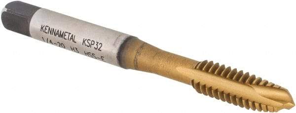 Kennametal - 1/4-20, 3 Flute, TiCN/TiN Finish, Vanadium High Speed Steel Spiral Point Tap - Plug Chamfer, Right Hand Thread, 2-1/2" OAL, 16mm Thread Length, 6.48mm Shank Diam, 3B Class of Fit, Series GOtap - Exact Industrial Supply