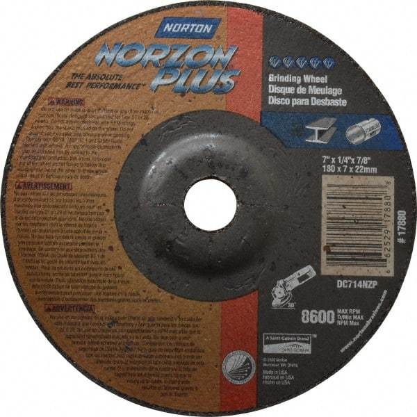 Norton - 24 Grit, 7" Wheel Diam, 1/4" Wheel Thickness, 7/8" Arbor Hole, Type 27 Depressed Center Wheel - Ceramic, 8,600 Max RPM, Compatible with Angle Grinder - Benchmark Tooling