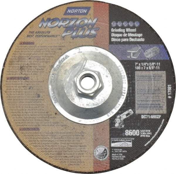 Norton - 24 Grit, 7" Wheel Diam, 1/4" Wheel Thickness, Type 27 Depressed Center Wheel - Ceramic, 8,600 Max RPM, Compatible with Angle Grinder - Benchmark Tooling