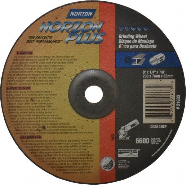 Norton - 24 Grit, 9" Wheel Diam, 1/4" Wheel Thickness, 7/8" Arbor Hole, Type 27 Depressed Center Wheel - Ceramic, 6,600 Max RPM, Compatible with Angle Grinder - Benchmark Tooling