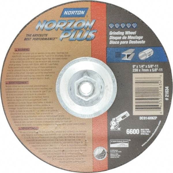 Norton - 24 Grit, 9" Wheel Diam, 1/4" Wheel Thickness, Type 27 Depressed Center Wheel - Ceramic, 6,600 Max RPM, Compatible with Angle Grinder - Benchmark Tooling