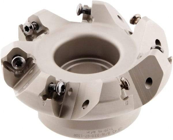 Iscar - 3" Cut Diam, 1" Arbor Hole, 0.138" Max Depth of Cut, 45° Indexable Chamfer & Angle Face Mill - 7 Inserts, ONHU 0505\xB6OXMT 0507\xB6S845 SN.U 1305 Insert, Right Hand Cut, 7 Flutes, Series Helido - Benchmark Tooling