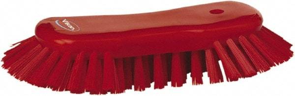 Vikan - 1.3" Bristle Length, Polyester Utility Scrub Brush - 7-3/4" Long x 3" Wide Head, 8" OAL, European Threaded Handle, Red, Polypropylene Block - Benchmark Tooling