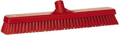 Vikan - 1.8" Bristle Length, Polyester Scrub Brush - 18" Long x 2-1/2" Wide Head, 19" OAL, European Threaded Handle, Red, Polypropylene Block - Benchmark Tooling