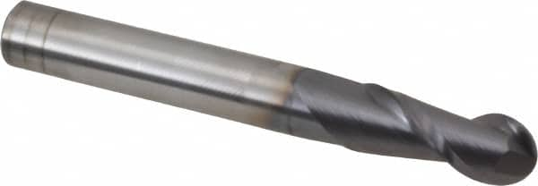 Accupro - 5/16" Diam, 13/16" LOC, 2 Flute Solid Carbide Ball End Mill - AlTiN Finish, Single End, 2-1/2" OAL, 5/16" Shank Diam, Spiral Flute - Benchmark Tooling