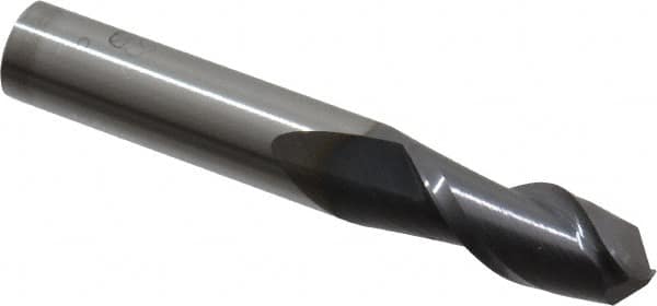 Accupro - 3/8" Diam, 7/8" LOC, 2 Flute Solid Carbide Ball End Mill - AlTiN Finish, Single End, 2-1/2" OAL, 3/8" Shank Diam, Spiral Flute - Benchmark Tooling