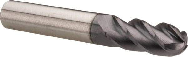Accupro - 3/8" Diam, 7/8" LOC, 4 Flute Solid Carbide Ball End Mill - AlTiN Finish, Single End, 2-1/2" OAL, 3/8" Shank Diam, Spiral Flute - Benchmark Tooling