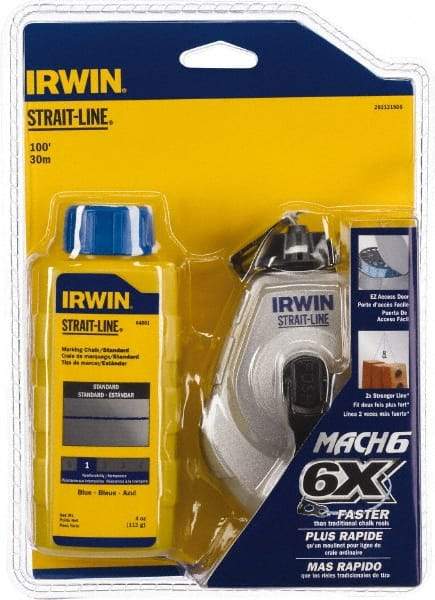 Irwin - 100' Long Reel & Chalk Set - Blue, Includes (1) 4 oz Standard Blue Chalk (6:1) & (1) MACH6 Chalk Reel - Benchmark Tooling