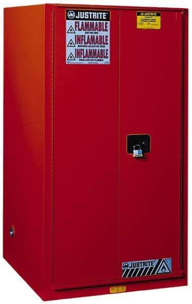 Justrite - 2 Door, 5 Shelf, Red Steel Standard Safety Cabinet for Flammable and Combustible Liquids - 65" High x 34" Wide x 34" Deep, Manual Closing Door, 3 Point Key Lock, 96 Gal Capacity - Benchmark Tooling