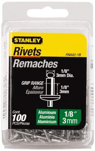 Stanley - Button Head Aluminum Color Coded Blind Rivet - Aluminum Mandrel, 0.062" to 1/8" Grip, 1/4" Head Diam, 0.125" to 0.133" Hole Diam, 0.275" Length Under Head, 1/8" Body Diam - Benchmark Tooling