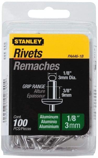 Stanley - Aluminum Color Coded Blind Rivet - Aluminum Mandrel, 0.313" to 3/8" Grip, 1/4" Head Diam, 0.125" to 0.133" Hole Diam, 0.525" Length Under Head, 1/8" Body Diam - Benchmark Tooling