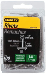 Stanley - Aluminum Color Coded Blind Rivet - Aluminum Mandrel, 3/8" to 1/2" Grip, 1/4" Head Diam, 0.125" to 0.133" Hole Diam, 0.65" Length Under Head, 1/8" Body Diam - Benchmark Tooling