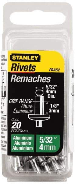 Stanley - Aluminum Color Coded Blind Rivet - Aluminum Mandrel, 0.031" to 1/8" Grip, 5/16" Head Diam, 0.156" to 0.164" Hole Diam, 0.3" Length Under Head, 5/32" Body Diam - Benchmark Tooling