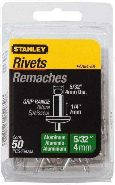 Stanley - Aluminum Color Coded Blind Rivet - Aluminum Mandrel, 0.188" to 1/4" Grip, 5/16" Head Diam, 0.156" to 0.164" Hole Diam, 0.425" Length Under Head, 5/32" Body Diam - Benchmark Tooling