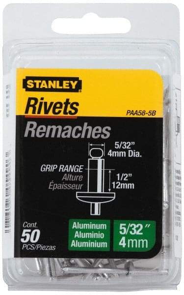 Stanley - Aluminum Color Coded Blind Rivet - Aluminum Mandrel, 3/8" to 1/2" Grip, 5/16" Head Diam, 0.156" to 0.164" Hole Diam, 0.675" Length Under Head, 5/32" Body Diam - Benchmark Tooling