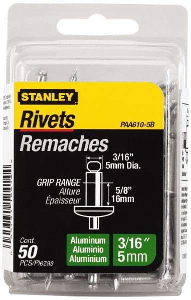 Stanley - Aluminum Color Coded Blind Rivet - Aluminum Mandrel, 1/2" to 5/8" Grip, 3/8" Head Diam, 0.188" to 0.196" Hole Diam, 0.825" Length Under Head, 3/16" Body Diam - Benchmark Tooling