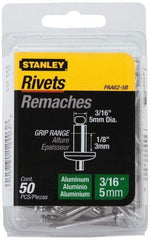 Stanley - Aluminum Color Coded Blind Rivet - Aluminum Mandrel, 0.032" to 1/8" Grip, 3/8" Head Diam, 0.188" to 0.196" Hole Diam, 0.325" Length Under Head, 3/16" Body Diam - Benchmark Tooling