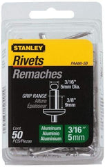 Stanley - Aluminum Color Coded Blind Rivet - Aluminum Mandrel, 0.313" to 3/8" Grip, 3/8" Head Diam, 0.188" to 0.196" Hole Diam, 0.575" Length Under Head, 3/16" Body Diam - Benchmark Tooling