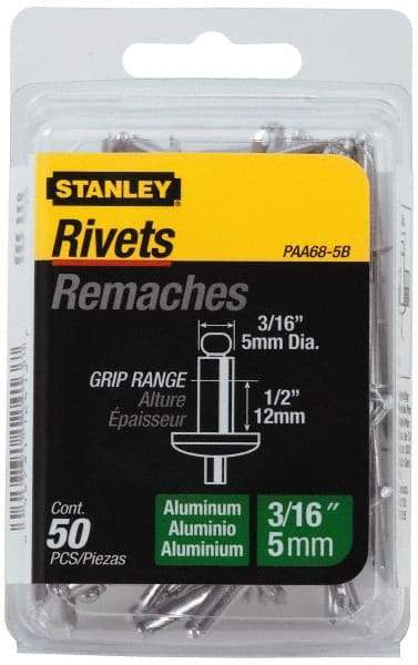 Stanley - Aluminum Color Coded Blind Rivet - Aluminum Mandrel, 3/8" to 1/2" Grip, 3/8" Head Diam, 0.188" to 0.196" Hole Diam, 0.7" Length Under Head, 3/16" Body Diam - Benchmark Tooling