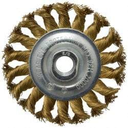 Value Collection - 4" OD, 5/8-11 Arbor Hole, Knotted Brass Wheel Brush - 1/2" Face Width, 7/8" Trim Length, 0.02" Filament Diam, 20,000 RPM - Benchmark Tooling