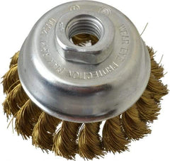 Value Collection - 2-3/4" Diam, 5/8-11 Threaded Arbor, Brass Fill Cup Brush - 0.014 Wire Diam, 3/4" Trim Length, 12,500 Max RPM - Benchmark Tooling