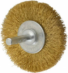 Value Collection - 2-1/2" OD, 1/4" Shank Diam, Crimped Brass Wheel Brush - 3/8" Face Width, 1/2" Trim Length, 0.008" Filament Diam, 20,000 RPM - Benchmark Tooling