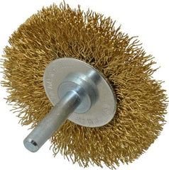 Value Collection - 2-1/2" OD, 1/4" Shank Diam, Crimped Brass Wheel Brush - 3/8" Face Width, 1/2" Trim Length, 0.012" Filament Diam, 20,000 RPM - Benchmark Tooling