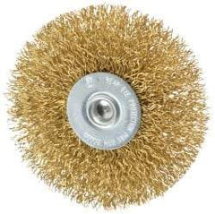 Value Collection - 3" OD, 1/4" Shank Diam, Crimped Brass Wheel Brush - 3/8" Face Width, 7/8" Trim Length, 0.014" Filament Diam, 20,000 RPM - Benchmark Tooling