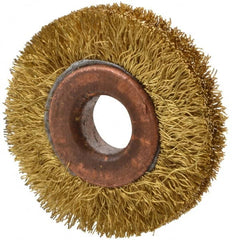 Value Collection - 1-1/2" OD, 3/8" Arbor Hole, Crimped Brass Wheel Brush - 5/16" Face Width, 3/8" Trim Length, 0.008" Filament Diam, 20,000 RPM - Benchmark Tooling