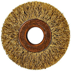 Value Collection - 2" OD, 1/2" Arbor Hole, Crimped Brass Wheel Brush - 5/16" Face Width, 3/8" Trim Length, 0.014" Filament Diam, 20,000 RPM - Benchmark Tooling